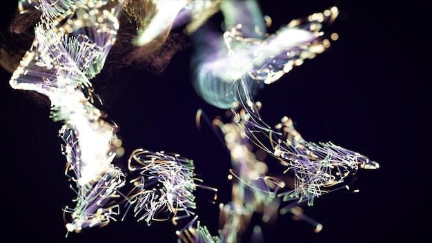 3D rendering of a colorful abstract stylish particle and plexus system on a dark background