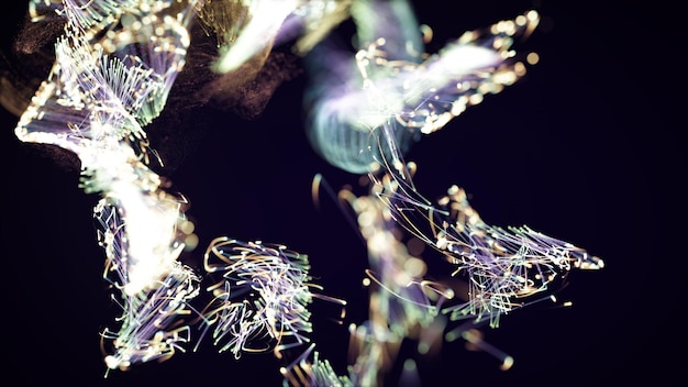 Photo 3d rendering of a colorful abstract stylish particle and plexus system on a dark background