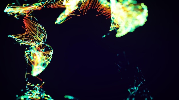 Photo 3d rendering of a colorful abstract stylish particle and plexus system on a dark background