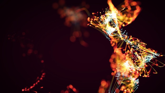 3D rendering of a colorful abstract stylish particle and plexus system on a dark background