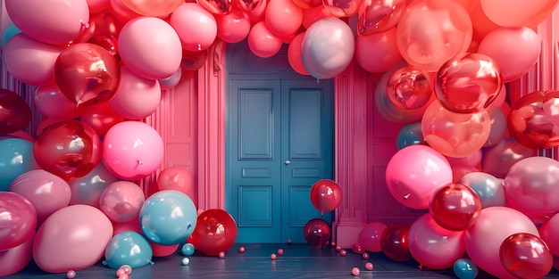 3d rendering of colorful balloons in front of the entrance to the building Ai Generated