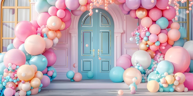 3d rendering of colorful balloons in front of the entrance to the building Ai Generated