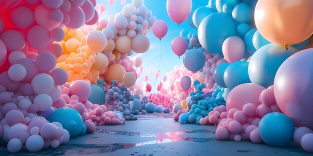 3d rendering of colorful balloons in front of the entrance to the building Ai Generated