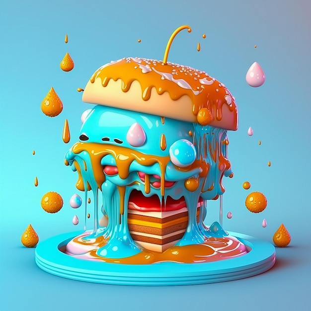 3d rendering of a colorful cake with dripping liquid on blue background