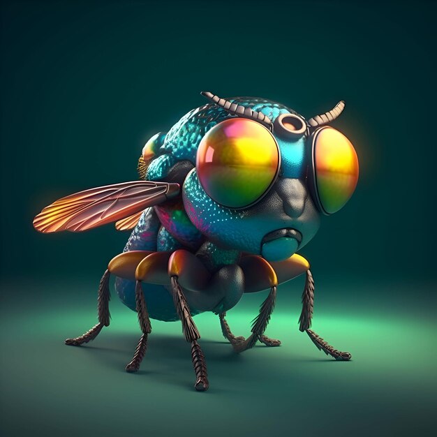 3d rendering of a colorful cartoon fly on a dark green background