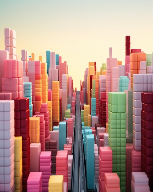 A 3D rendering of a colorful city with a highway running through the middle