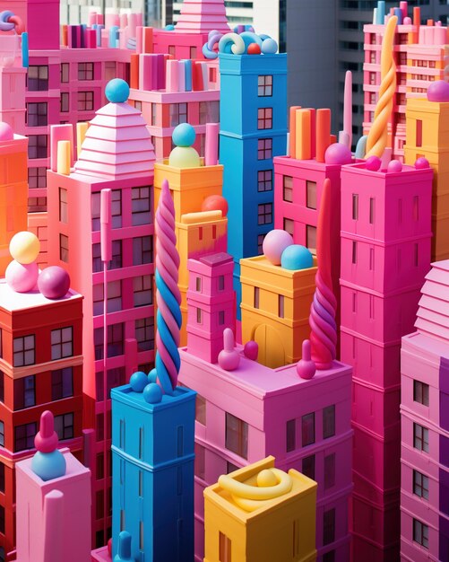 A 3D rendering of a colorful city