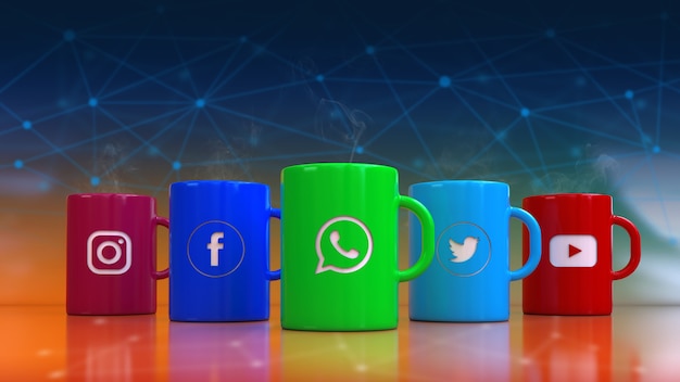 3d rendering of colorful cups whit most popular social network and communication's logotypes