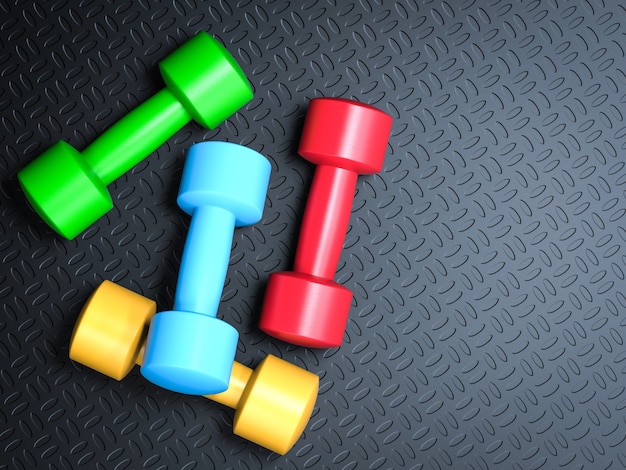 3d rendering colorful dumbbells on black background