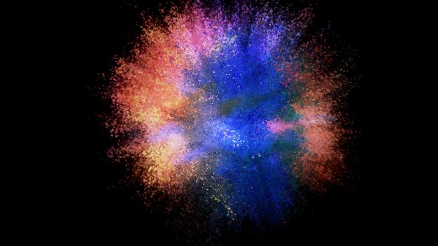 3D rendering of a colorful explosion of colored particles on a black background