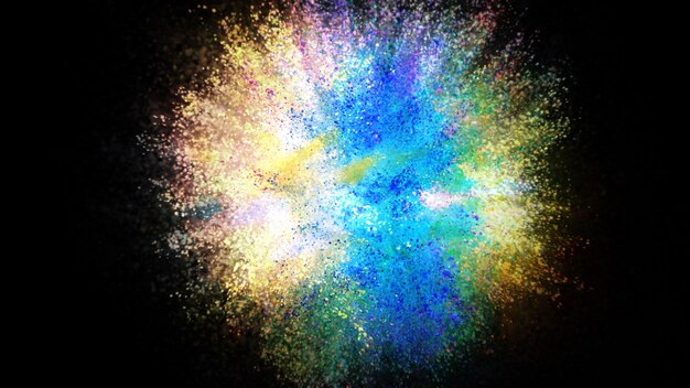 3D rendering of a colorful explosion of colored particles on a black background