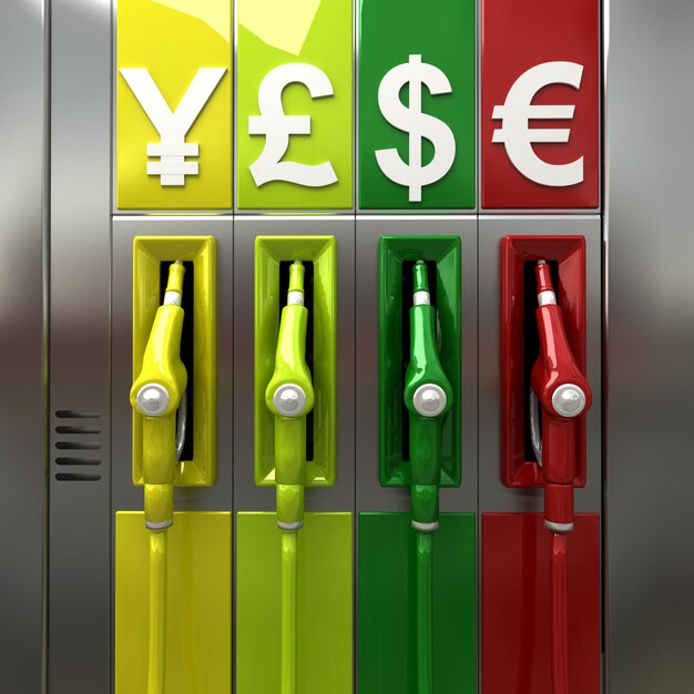 Photo 3d rendering of colorful fuel pumps with currency symbols