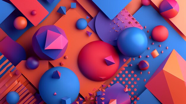 3D rendering of colorful geometric shapes Abstract background with spheres cubes and other shapes in bright colors