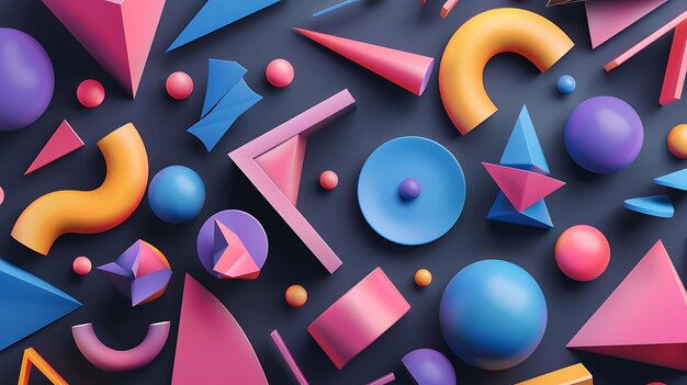 3D rendering of colorful geometric shapes on a dark blue background