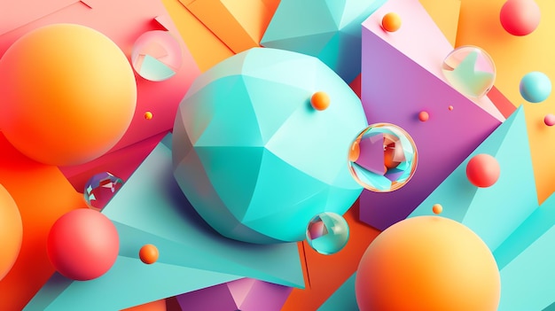 Photo 3d rendering of colorful geometric shapes spheres and faceted crystals float among translucent planes