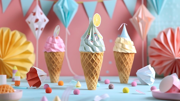 Photo 3d rendering of a colorful ice cream cone with a lemon wedge on top the cone is surrounded by pastelcolored paper decorations and party supplies