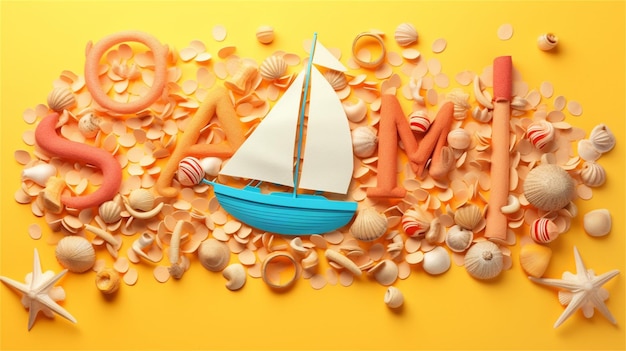 3d rendering of colorful seashells and toy boat with summer text