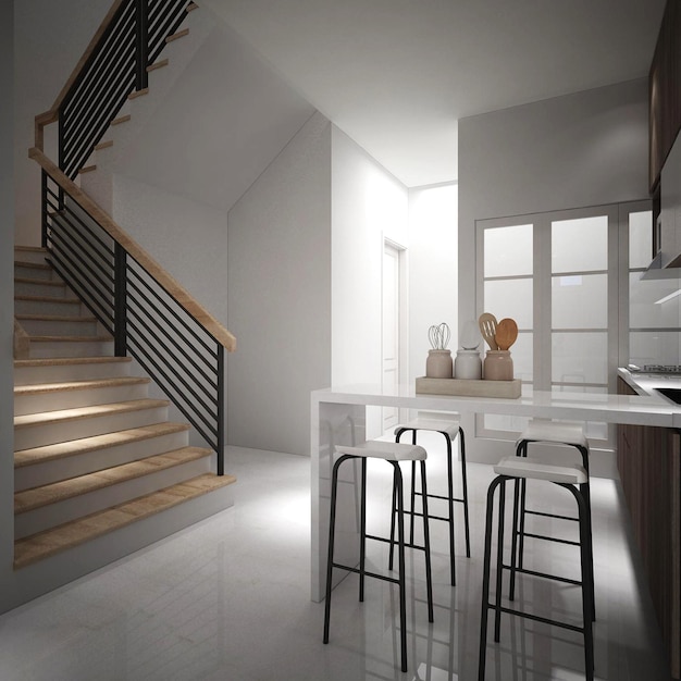 3D Rendering of Comfortable and Modern Pantry with Stair Interior Design