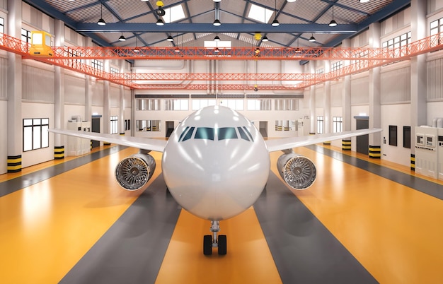 3d rendering commercial airplane in hangar for maintenance