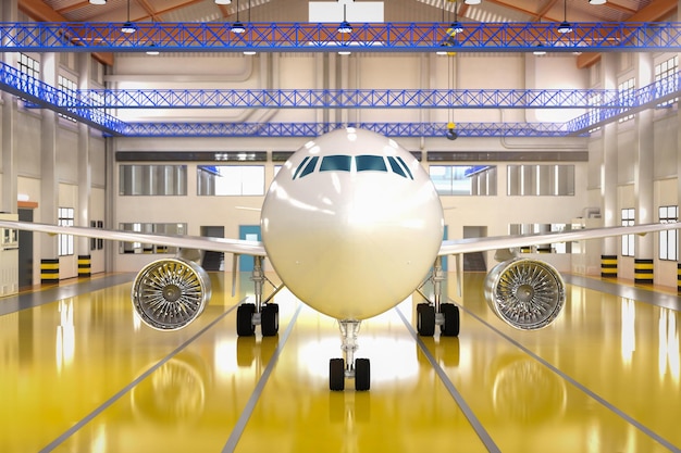 メンテナンスのための格納庫での3Dレンダリング商用飛行機