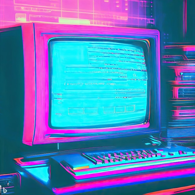 3d rendering of a computer in a room with neon lights