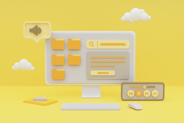 黄色の背景にメディアコンテンツ管理の概念を示すコンピューターの3dレンダリング。