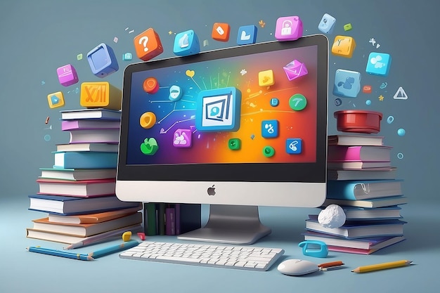 3d rendering of computer with learning icons on background concept of online study 3d render illustration cartoon style