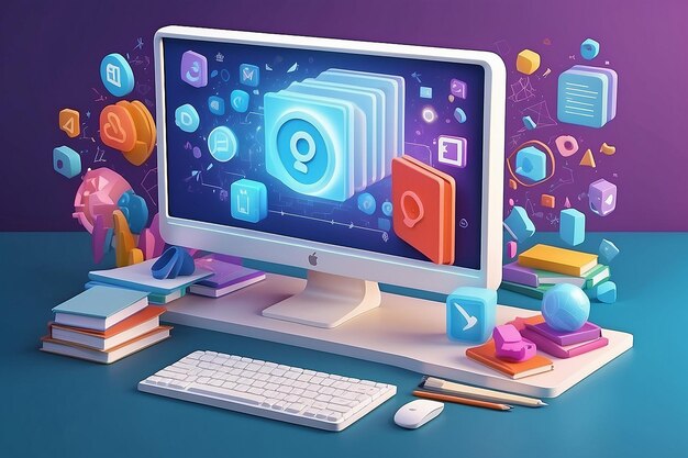 3d rendering of computer with learning icons on background concept of online study 3d render illustration cartoon style