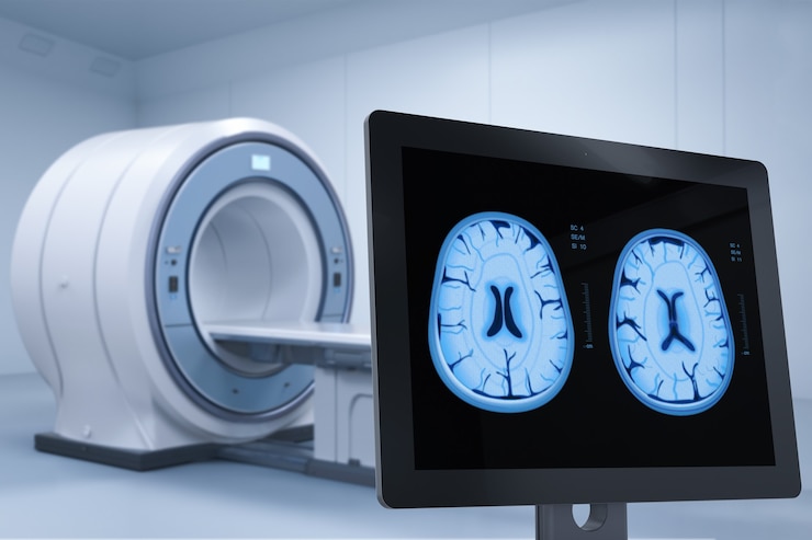 Foto 3d-rendering computermonitor weergave x-ray hersenen in mri lab