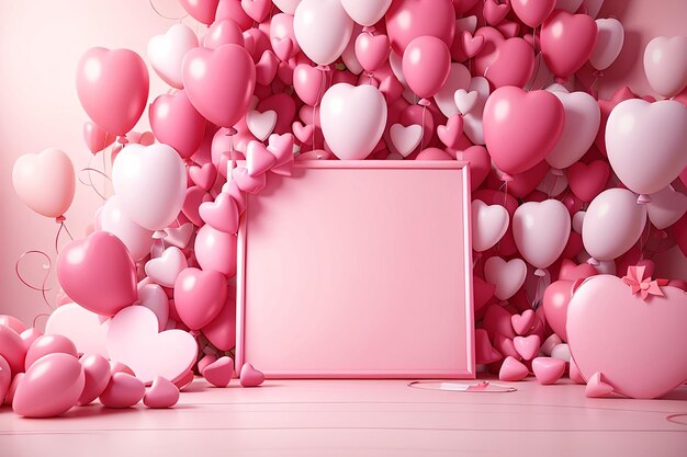 3d rendering concept of birthday valentine's day wedding party event background in pink theme balloons with blank paper copy space for text and gift on background 3d render