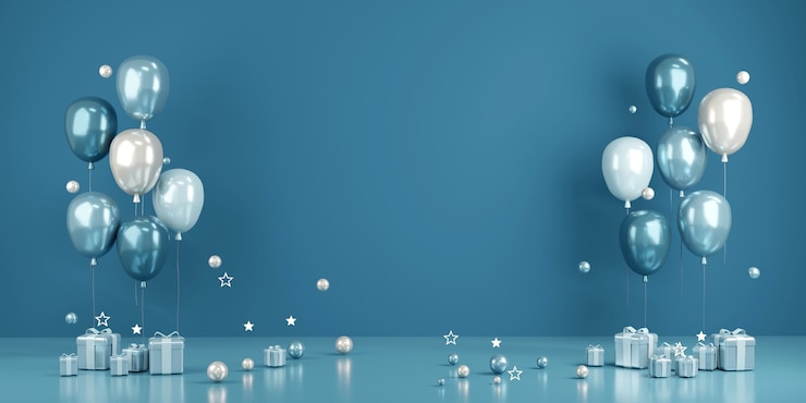 Photo 3d rendering concept of birthday valentine wedding party event background or for commercial in blue theme balloons with blank wall on background. 3d render.