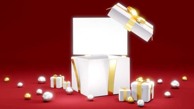 お祝いの3Dレンダリングの概念現在のボックスが開き、商用デザインの3Dレンダリング用の白紙が表示されます。