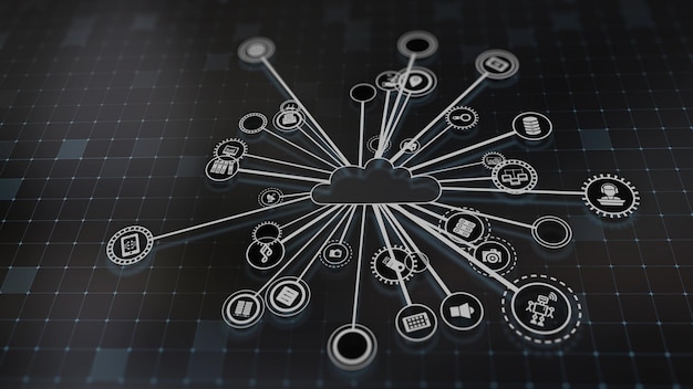 3D rendering the concept of cloud technologies and server data processing