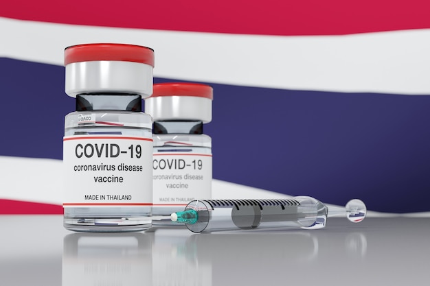 Rendering 3d di un concetto di vaccino contro il coronavirus realizzato in thailandia con fiala di vaccino e siringa con sfondo bandiera thailandese.