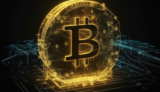 3D-rendering concept cryptocurrency en blockchain Bitcoin-symbool met gloeiend geel neonlicht