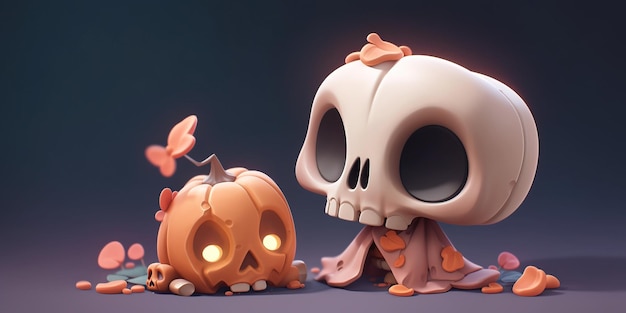 3D Rendering concept of cute tombstone and pumpkin jack lantern with skull head