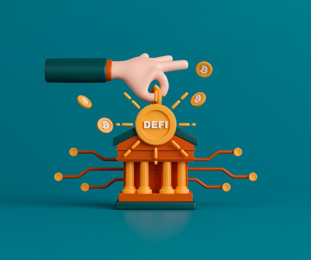 3D-rendering concept decentralisatie Financiën illustratie. Mensen storten digitale valuta.