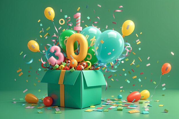 3d rendering concept of happy birthday party number 10 birthday explode from gift box with balloons and confetti on green background 3d render 3d illustration minimal design template