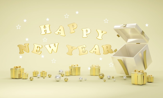 3D Rendering concept of Happy new year text floating from gift box in gold theme. 3D Render. 3D illustration.