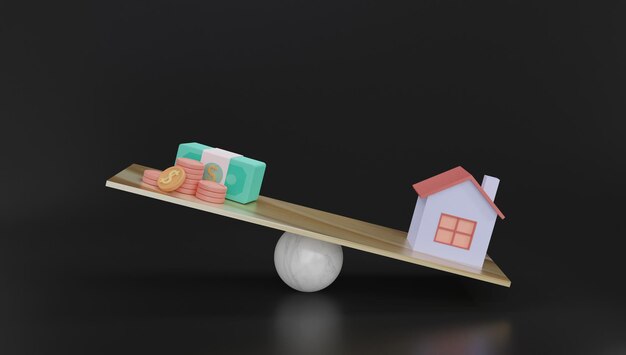 판자 콘크리트 미니멀리즘 개념에 투자 돈과 집의 3D 렌더링 개념
