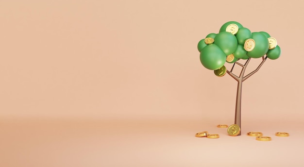 3D Rendering concept of investment A money tree with coins falling for commercial design