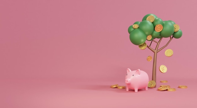 3d rendering concept of investment money tree with coins\
falling and pink piggy banks on background