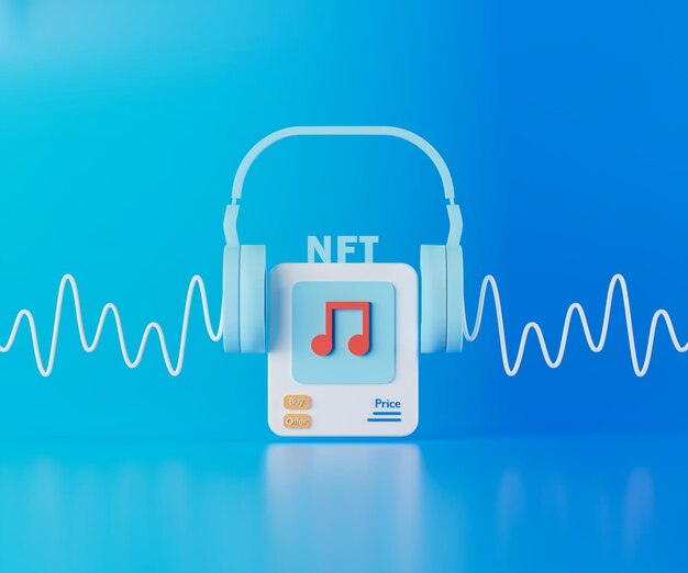 Concetto di rendering 3d token nft o non fungibile per musica con onda sonora su sfondo blu