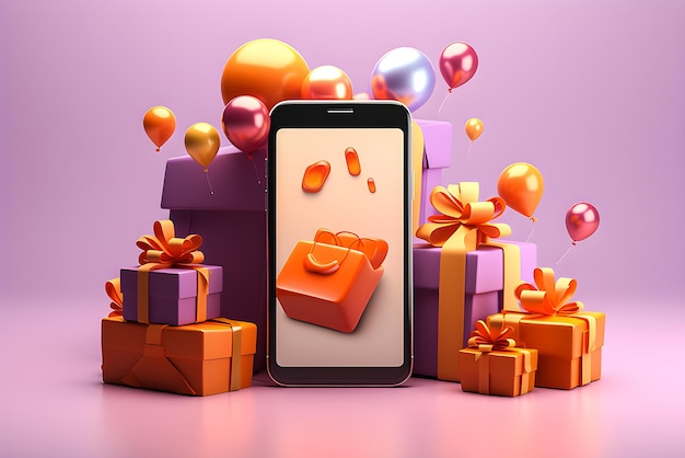 3D rendering concept of online shopping banner with Gifts smartphone for ordering goods plastic cardsgenerative ai