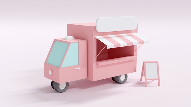 3d rendering concept of pink food truck with a standing board.