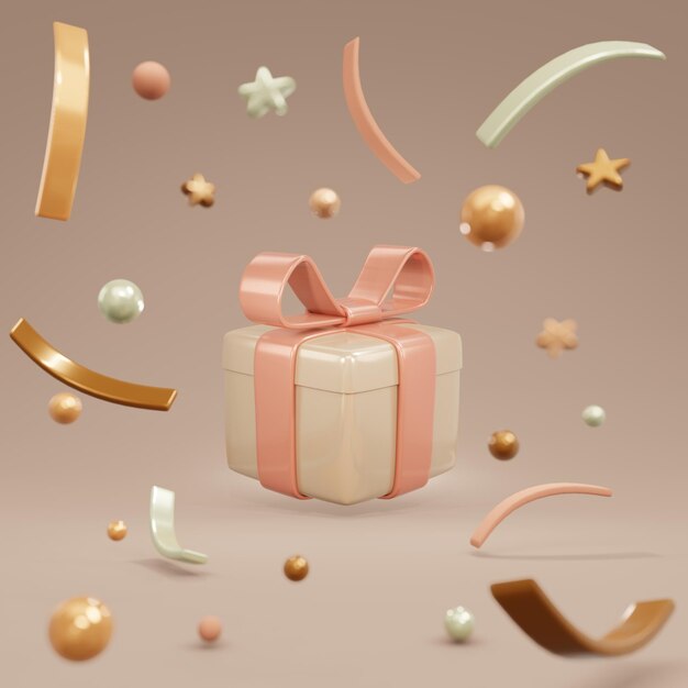 3D rendering concept of a present box and luxury beige color geometric confetti elements inside for commercial design 3D render cartoon illustration