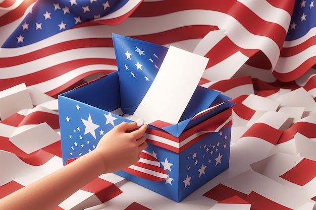 3d rendering concept of usa midterm election hand put paper to box 3d render illustration cartoon style