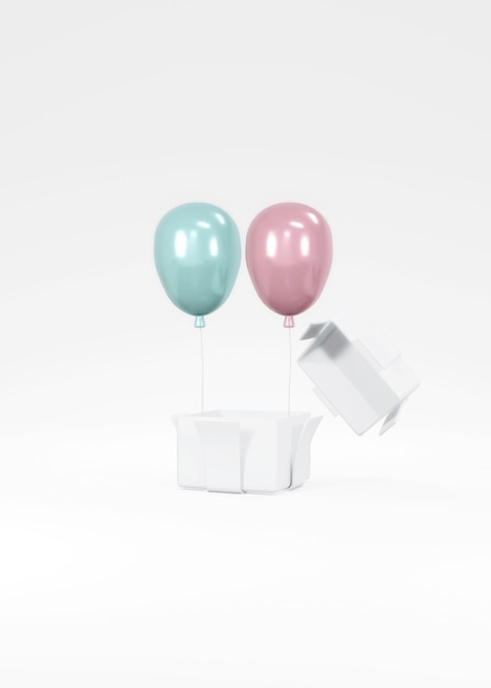 3D rendering concept van gender reveal, bruiloft, verjaardag banner. Realistische pastelblauwe roze ballonnen drijvend uit de geschenkdoos op de achtergrond. 3D render. 3D illustratie. Minimaal idee. Uitnodigingskaart.