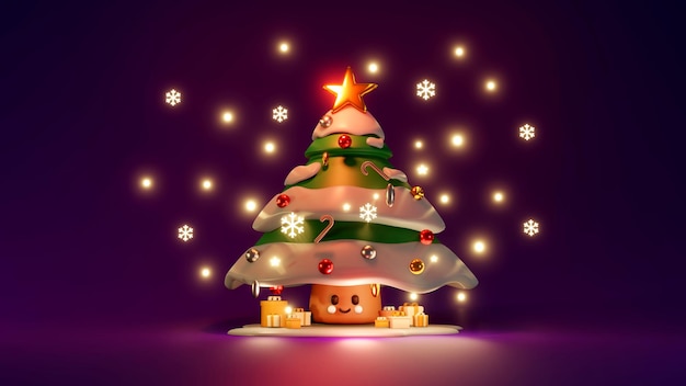 3D-rendering concept van geschenkdoos en kerstboom in het donker op achtergrond 3d render cartoon stijl