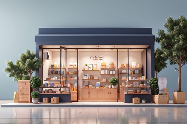 3D-rendering concept van mini online winkelen winkel voorkant